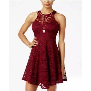 Material Girl Juniors Burgundy Lace Skater Dress Mini Size Medium NEW